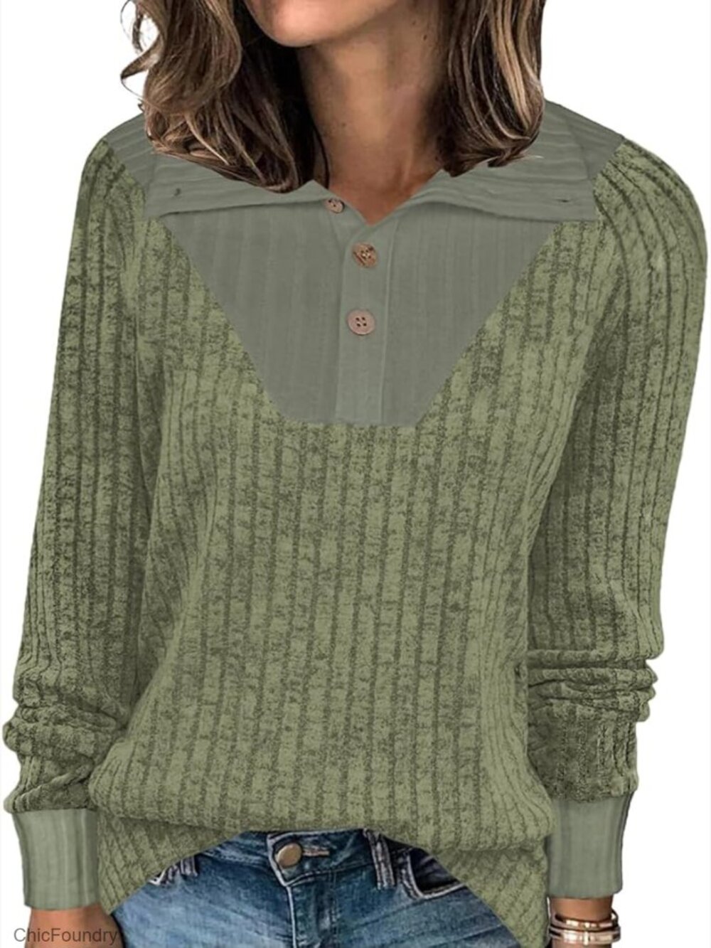 Long Sleeve Button Down Blouse Loose Fit Patchwork Color Block Pullover